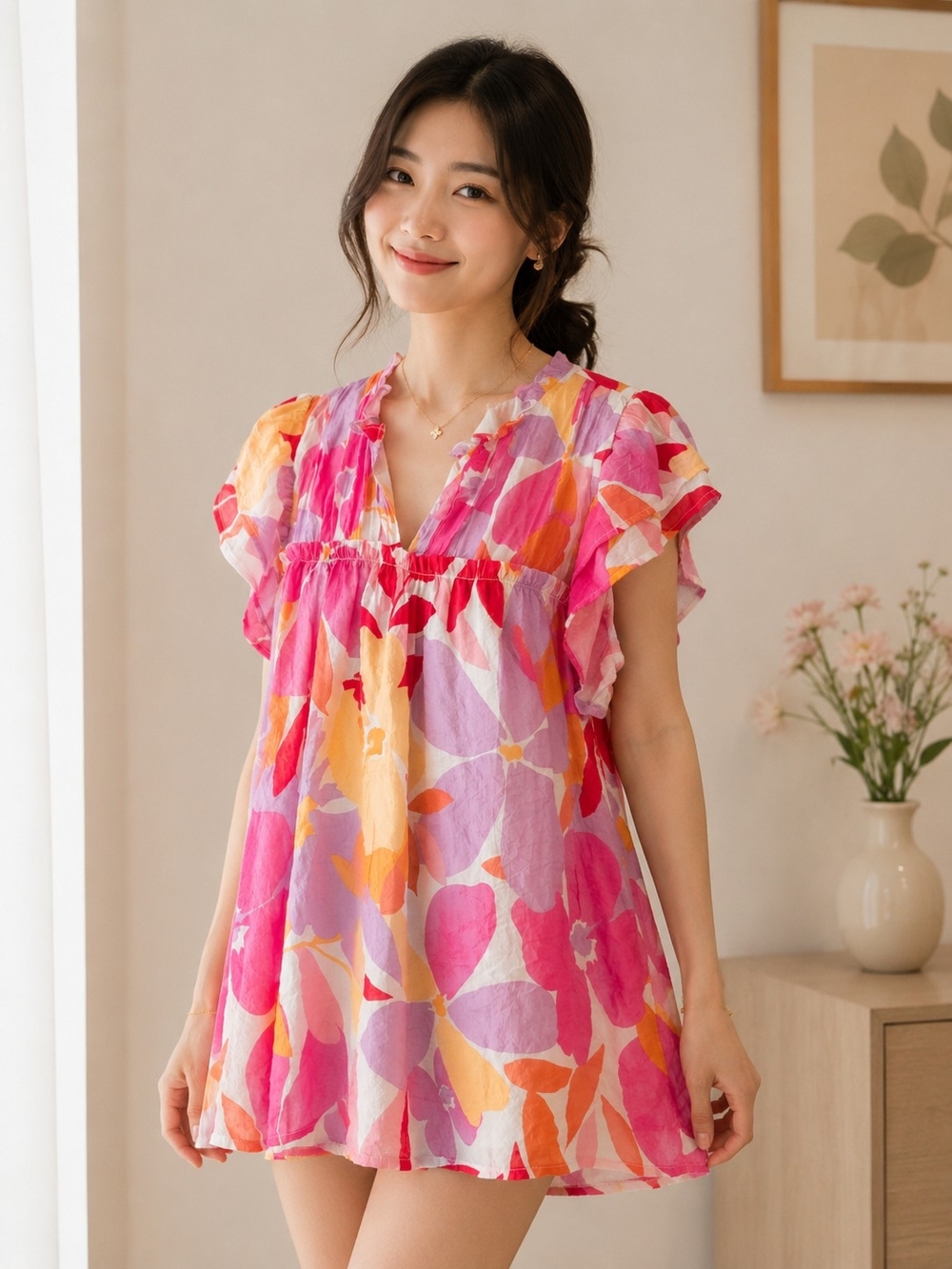 Bright Floral Pink & Orange Babydoll Tunic/ long blouse